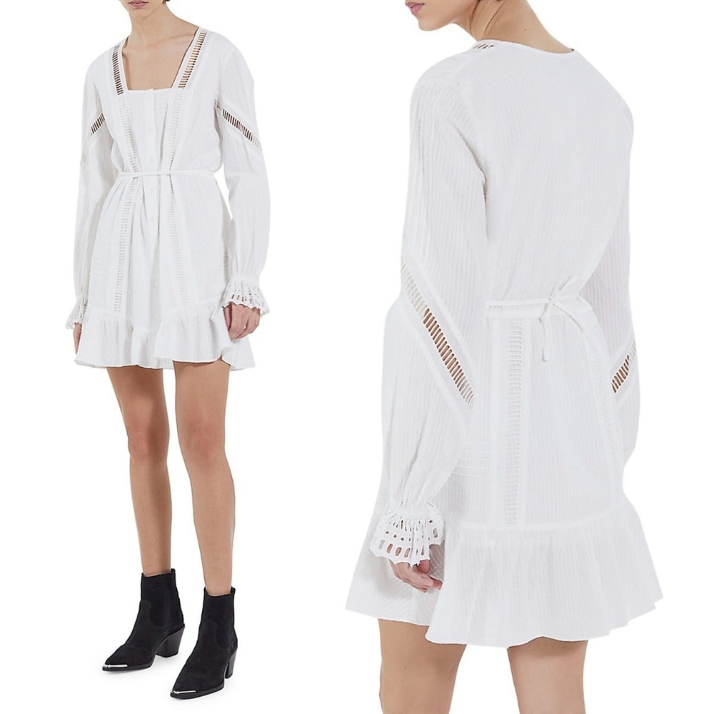 The Kooples Embroidered Lace Tie Waist Dobby Square-Neck Flounce Shirtdress Sz M - Picture 6 of 16